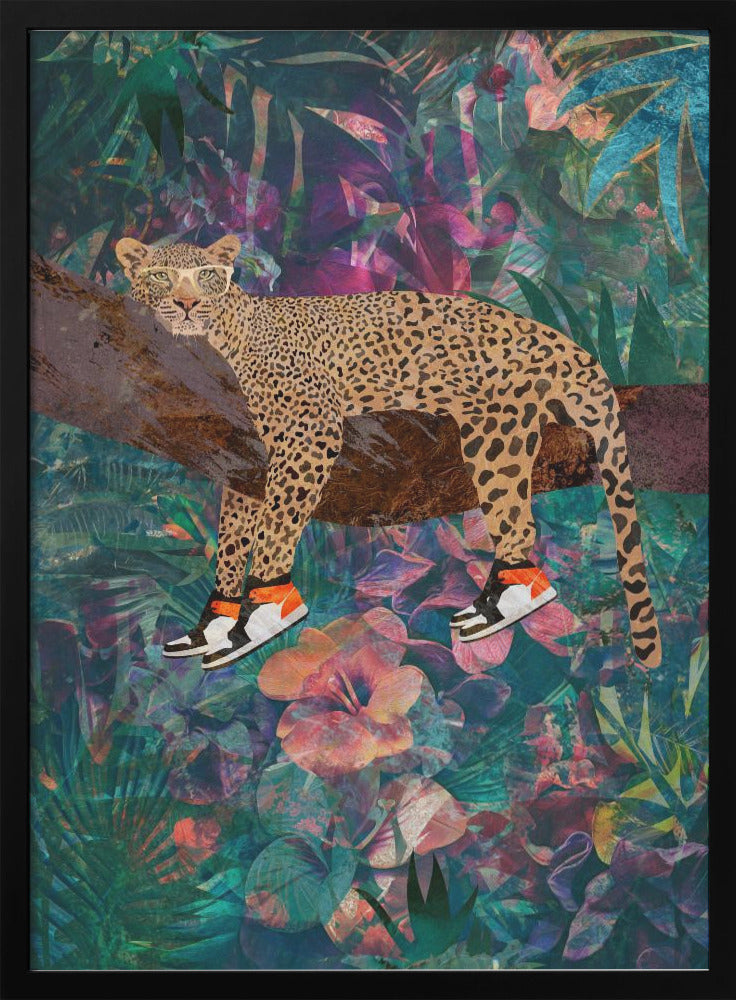 Wall art Tropical Floral Jungle - Leopard wearing shoes 36X48inch In Black Floating Frame