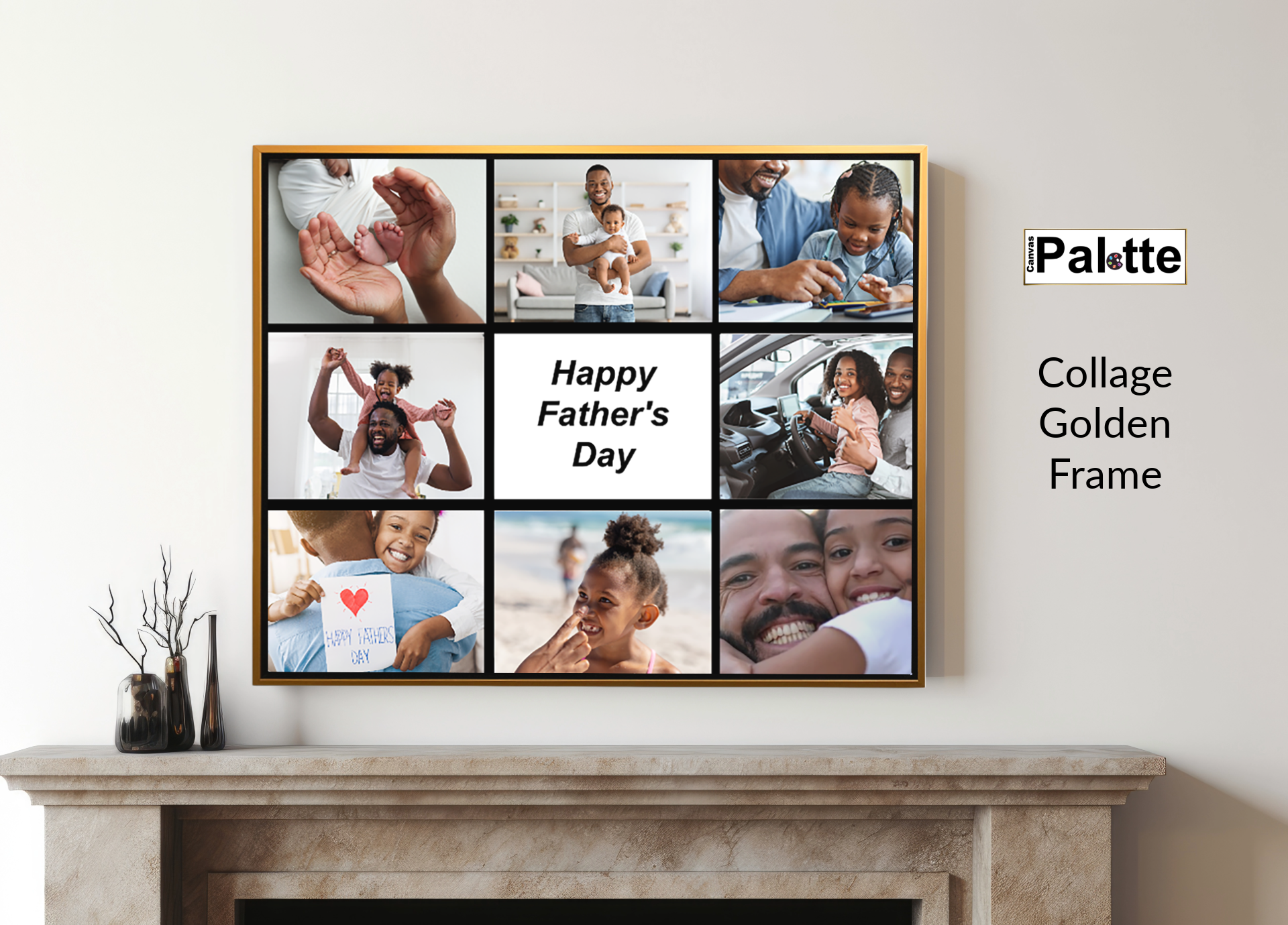 Personalized collage sample on canvas in Toronto Canada at CanvasPalette.com. The photo shows a photo studio of a father with his daughter. Golden frame.