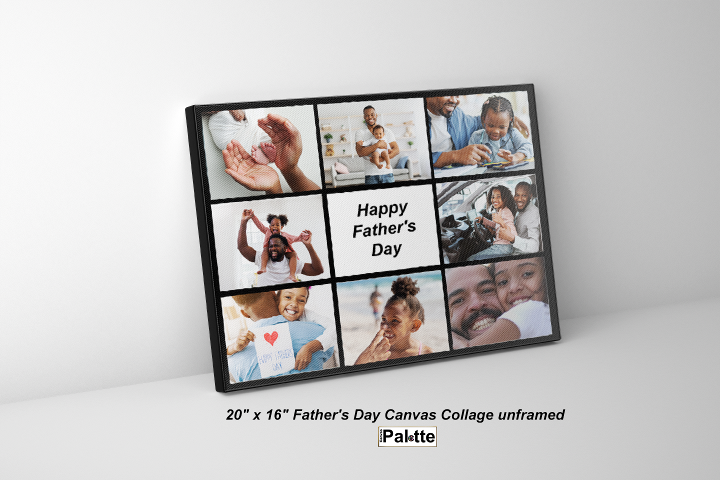 Personalized collage sample on canvas in Toronto Canada at CanvasPalette.com. The photo shows a photo studio of a father with his daughter. No frame.