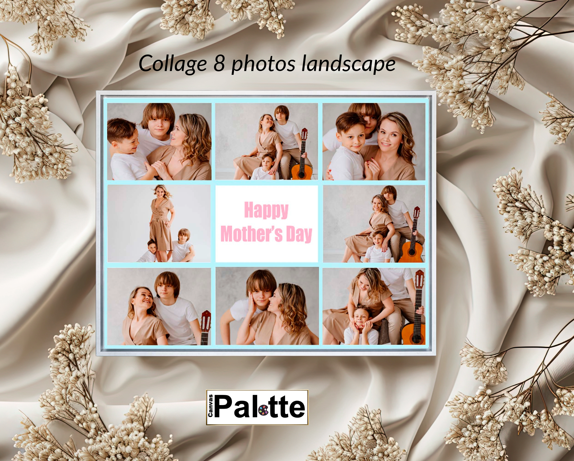 Personalised collage sample on canvas in Toronto Canada at CanvasPalette.com.  The photo shows a photo studio of a mother with her two sons. Frame brushed white. mother's day gifts